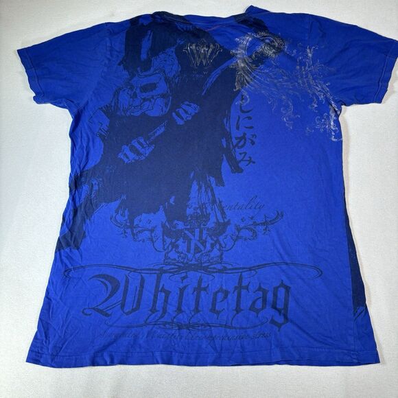White Tag Shirt Mens Medium Blue Y2K Grunge Cyber Goth Affliction Emo Skater MMA - Picture 2 of 10